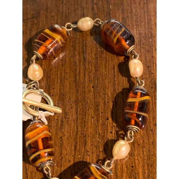 Lia Sophia Women's Fashion Jewelry Glass Bead Pearl Bracelet Swirl Brown Size 8" - Picture 2 of 4